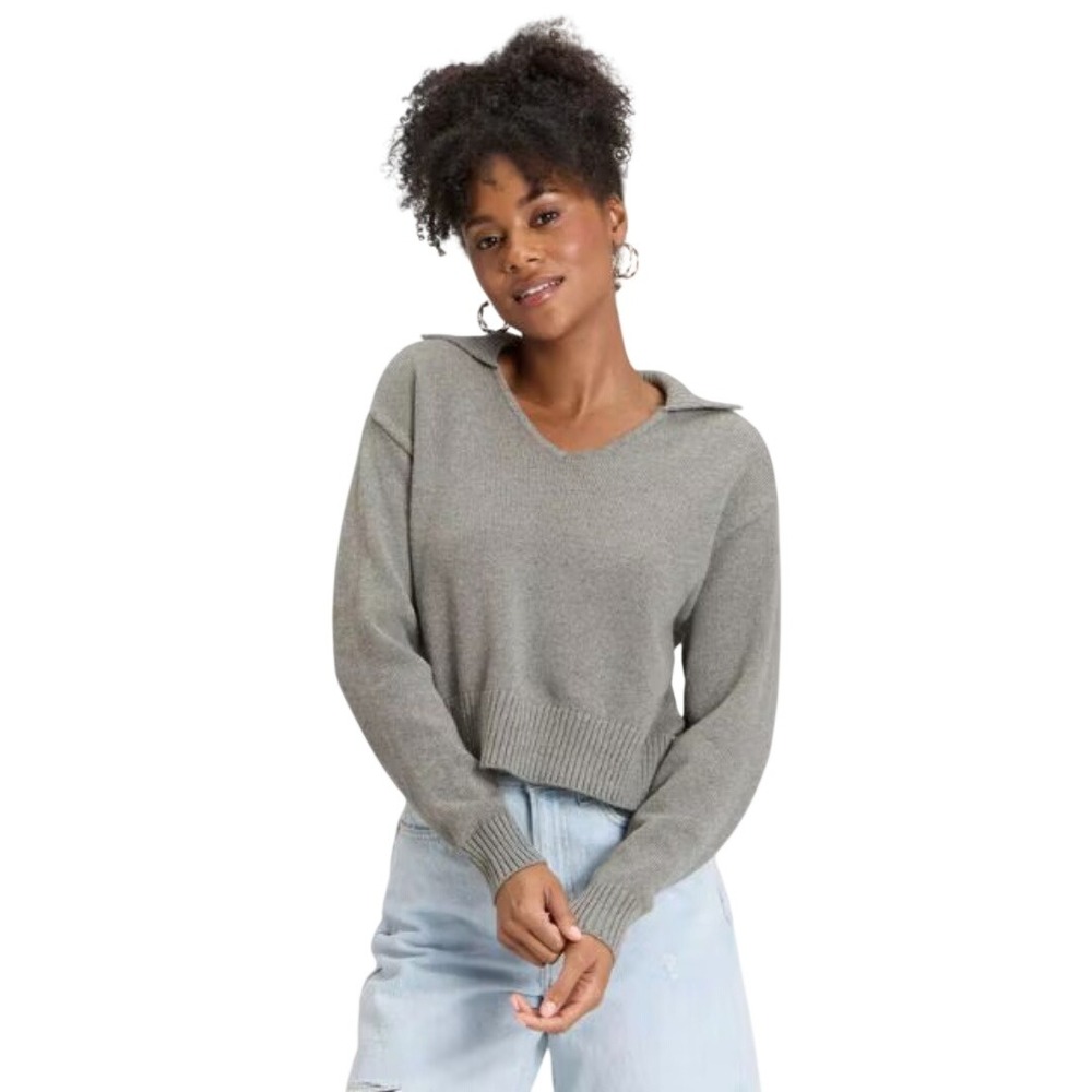 Universal Thread Women's Gray Collared V Neck Pullover Sweater Size Large